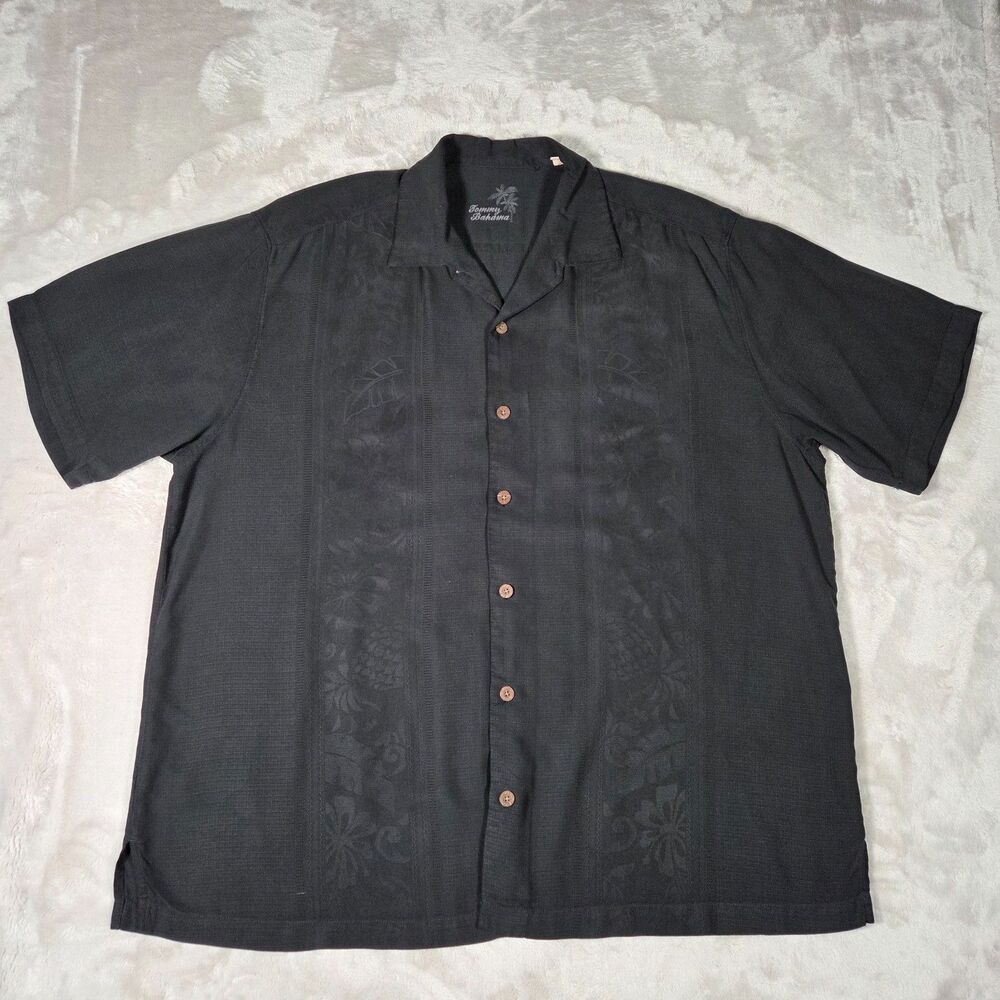 Tommy Bahama Black Silk Camp Shirt Men’s XL Tonal Tropical Button Up Luxe